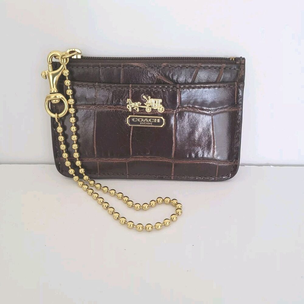 Coach Small Card Wristlet Brown Croc Embossed Wallet Zip Around Coin Pouch Brown